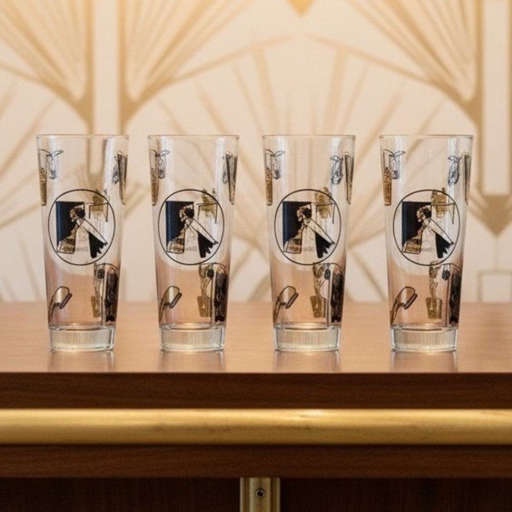 Fuller Brush Swanky‎ Swigg Tumblers, Set of 4, Black Gold Highball Glasses
